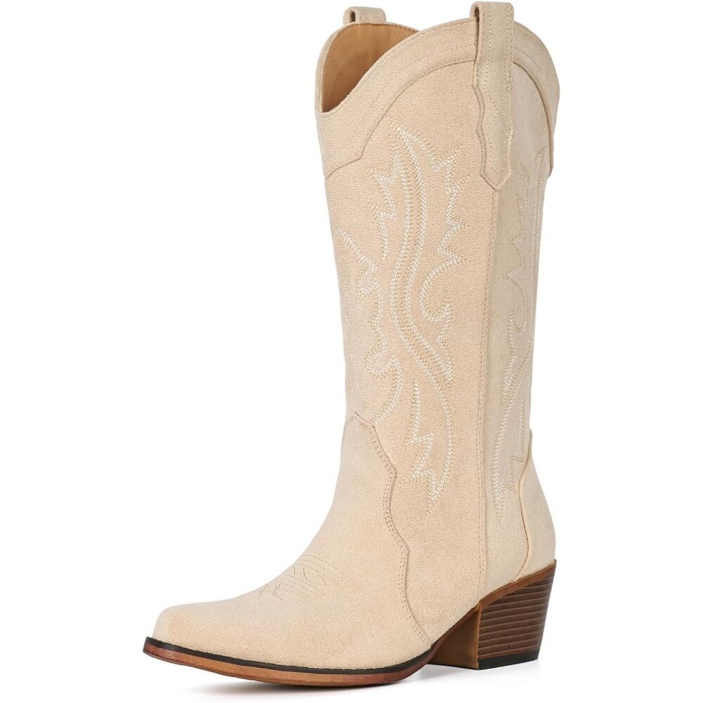 Women's Elegance Embroidery Cream Chunky Heel Mid Calf Snip Toe Western Boots - Picture 4 of 6